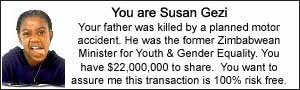 You are Susan Gezi.Your father was killed by a planned motor accident. He was the former Zimbabwean Minister for Youth & Gender Equality. You have $22,000,000 to share.  You want to assure me this transaction is 100% risk free.